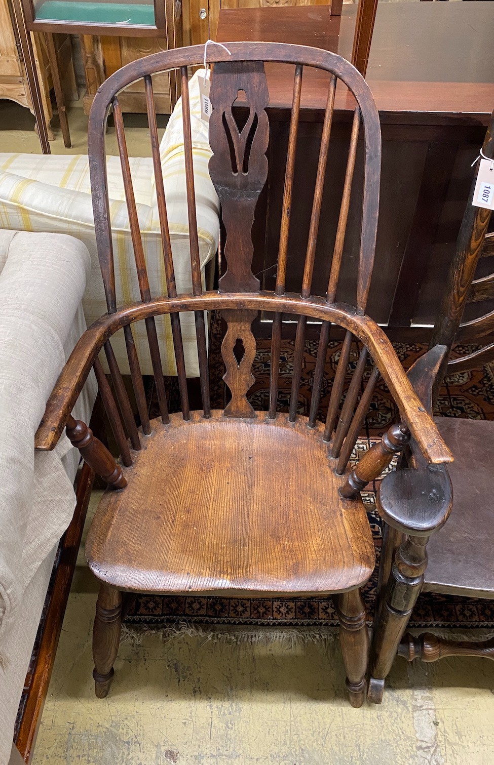 A 19th century ash and elm Windsor armchair, width 40cm, height 106cm